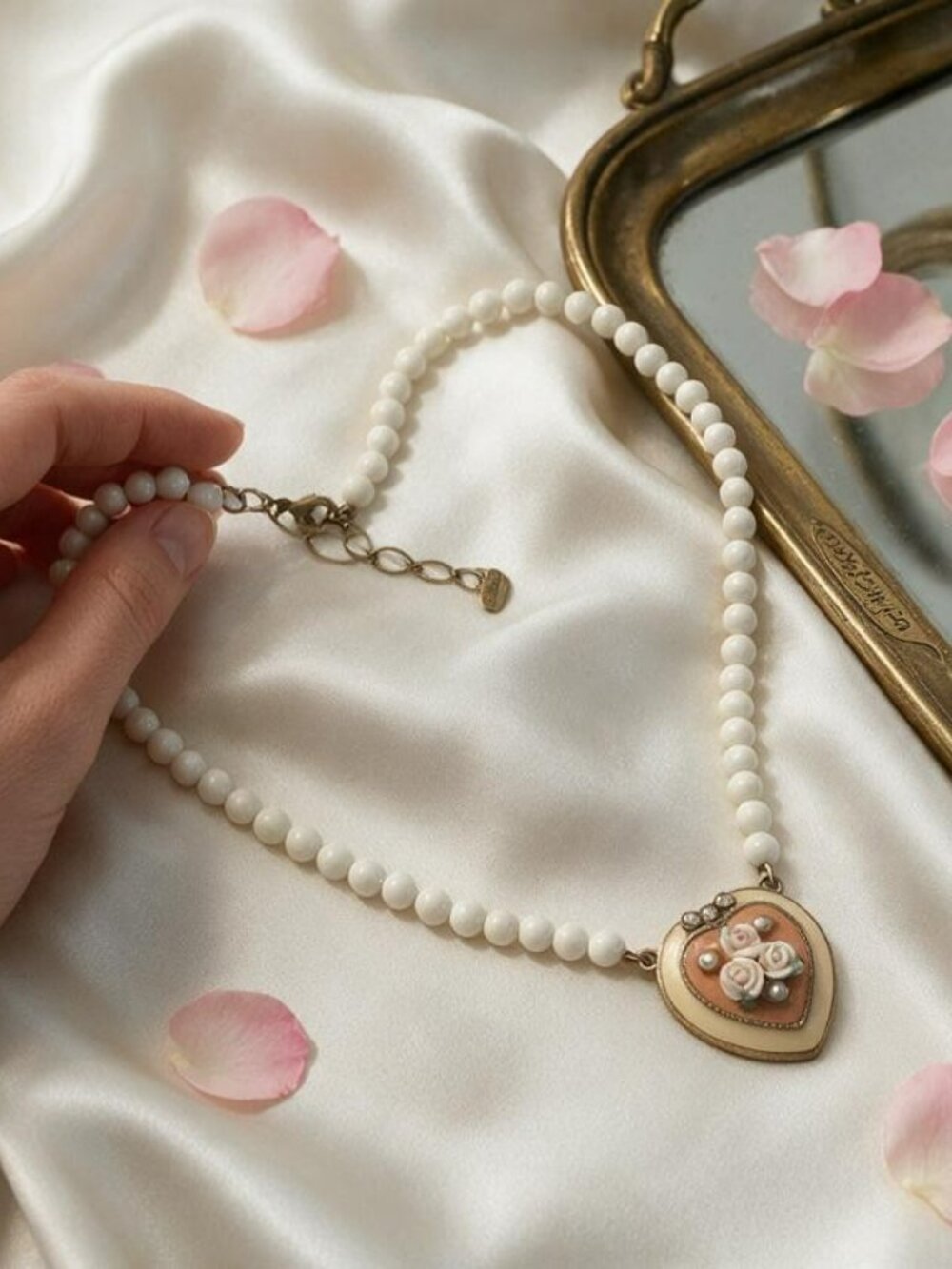 Vintage 1928 Porcelain Pink Rose Heart Pendant Faux Pearl Necklace
